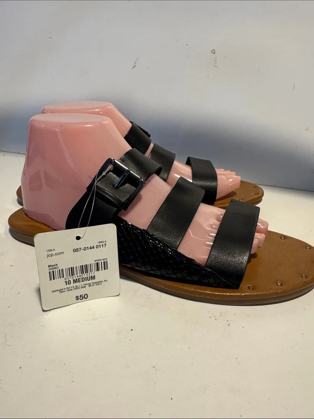 Black Triple-Strap Women’s Sandal with Brown Footbed
